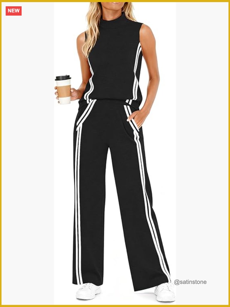 2 Piece Lounge Set Mock Neck Tank Top Wide Leg Pants Travel Outfits Activewear